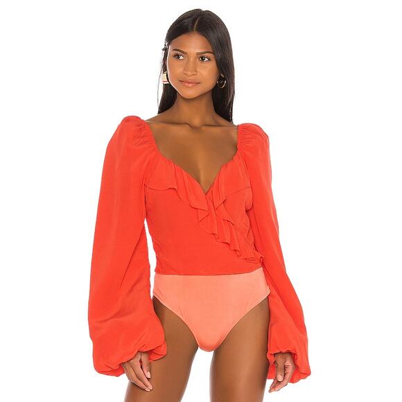 Lovers + Friends Astrid Long Sleeve Ruffle Trim V-Neck Bodysuit Red Orange XS - Picture 1 of 6